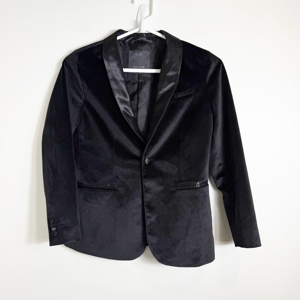 Zara Kids Tuxedo Blazer Boys 10 Black Velvet Shawl Lapel Formal Jacket